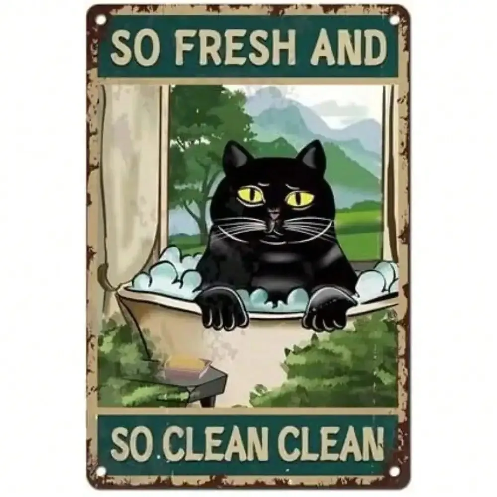 

So Fresh So Clean Funny Cat Tin Sign Metal Wall Art Bathroom Decor For Living Room Farmhouse