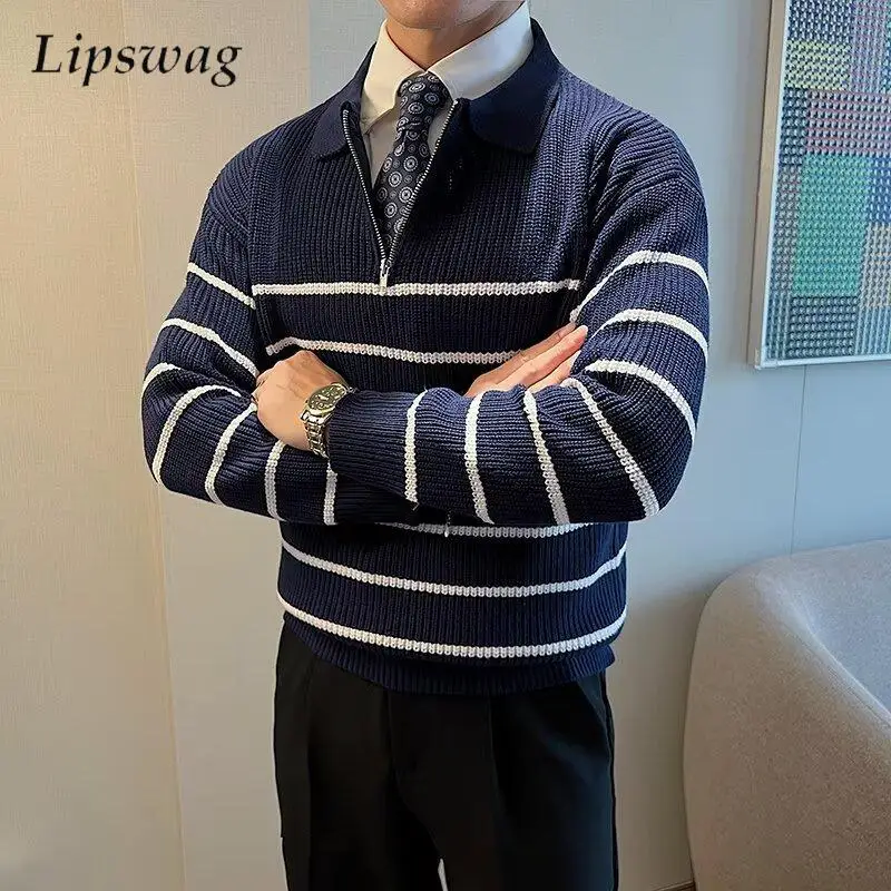 

Fall Winter Stylish Mens Striped Sweaters Vintage Zipper Polo Neck Jumper Tops Men Casual Long Sleeve Slim Knitting Sweater