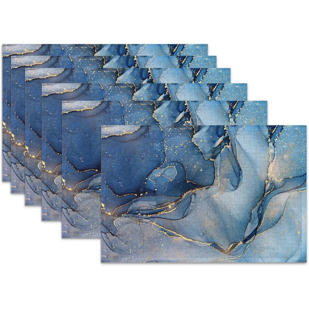 Blue Gold Marble Placemats Set Of 6,Abstract Heat Resistant Table Mats Washable Place Mats For Party Kitchen Farmhouse Home