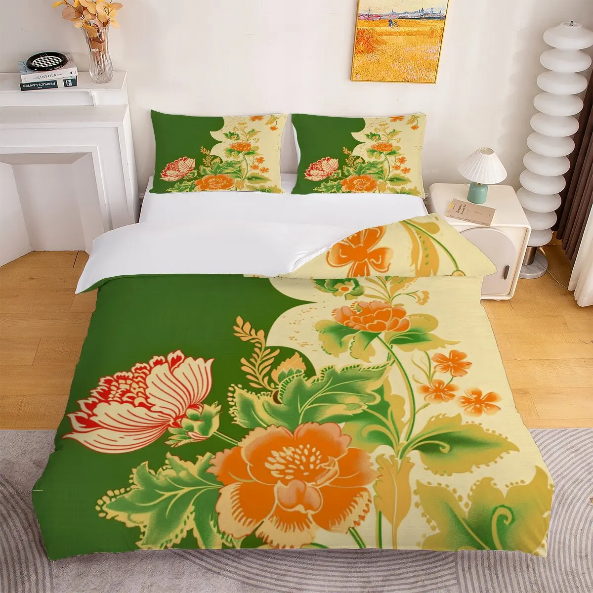 

Orange blossom Duvet size green shading Modern trend of printed bedding