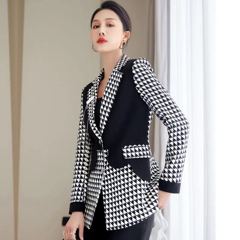 

Houndstooth Suit Jacket 2024 New Women Temperament Stitching Design Sense Leisure Business Suit Female Slim Fit Fashion Outwear