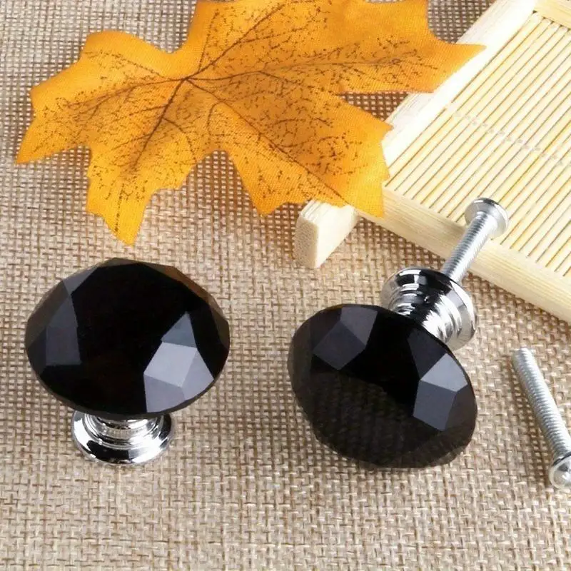 6 Stück schwarze diamantförmige Kristallglasgriffe, 30 mm, für Küchenschränke, Türen, Schubladen, Schränke, Kommoden, Kleiderschränke, mit Schrauben