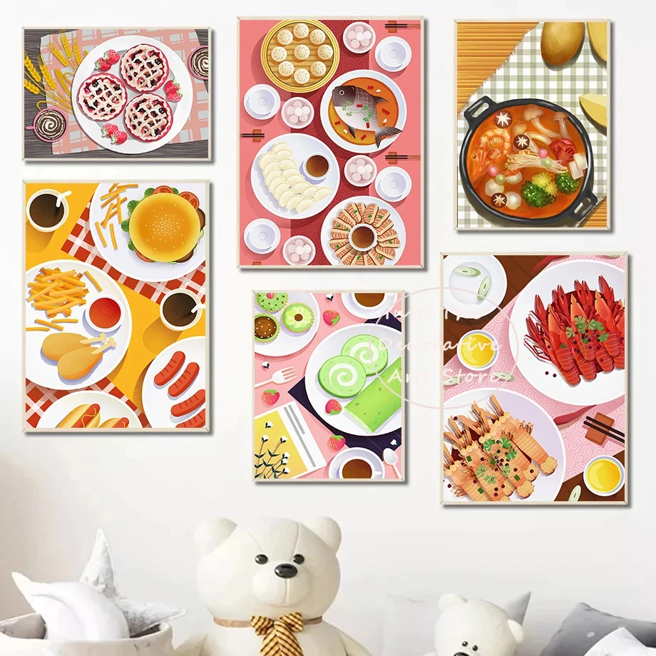 Póster Gourmet de Estilo Anime Clásico con Diseño de Pizza, Hot Pot, Hamburguesa y Pastel, Lienzo Decorativo para Pared, Arte para Cocina, Cafetería y Hogar