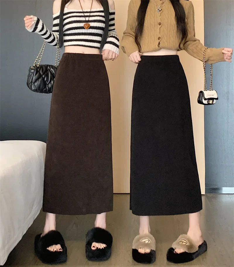 Women Chic Chenille Pencil Skirt Autumn Winter High Waist Slim Split Long Midi Skirt Harajuku Streetwear