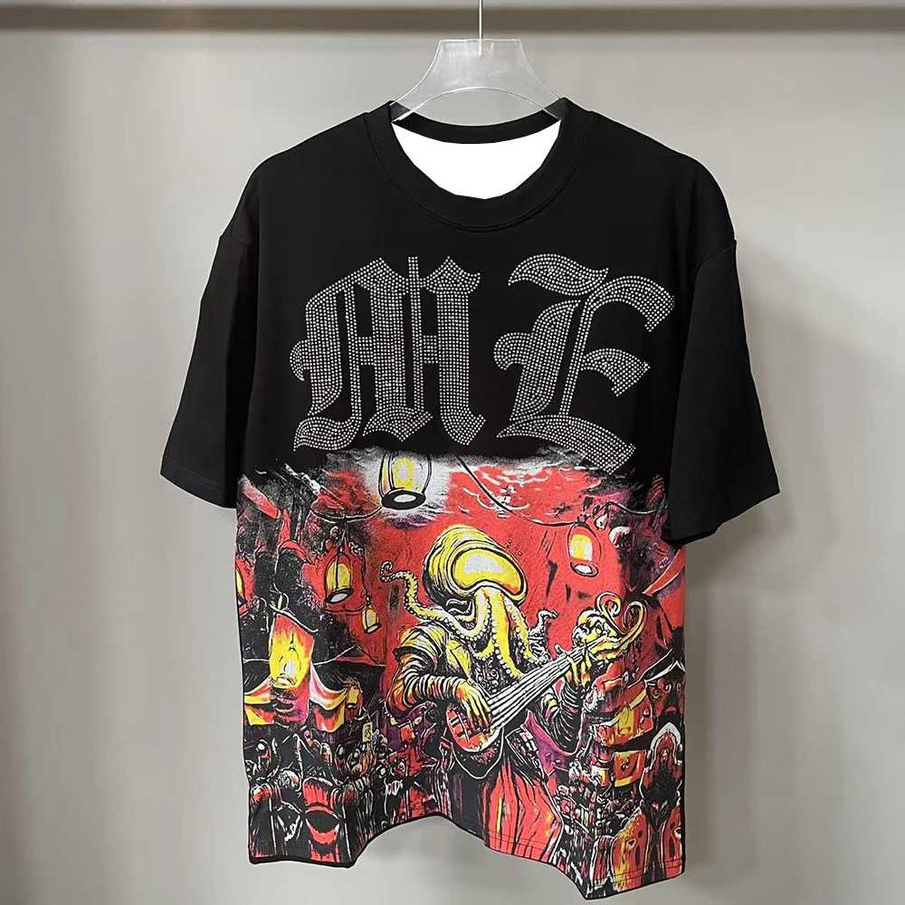 

Summer Fashion Men T Shirt Letter Rhinestone Print Short Sleeve Mens Clothing Women Streetwear Oversized Tops Casual Brand Tees