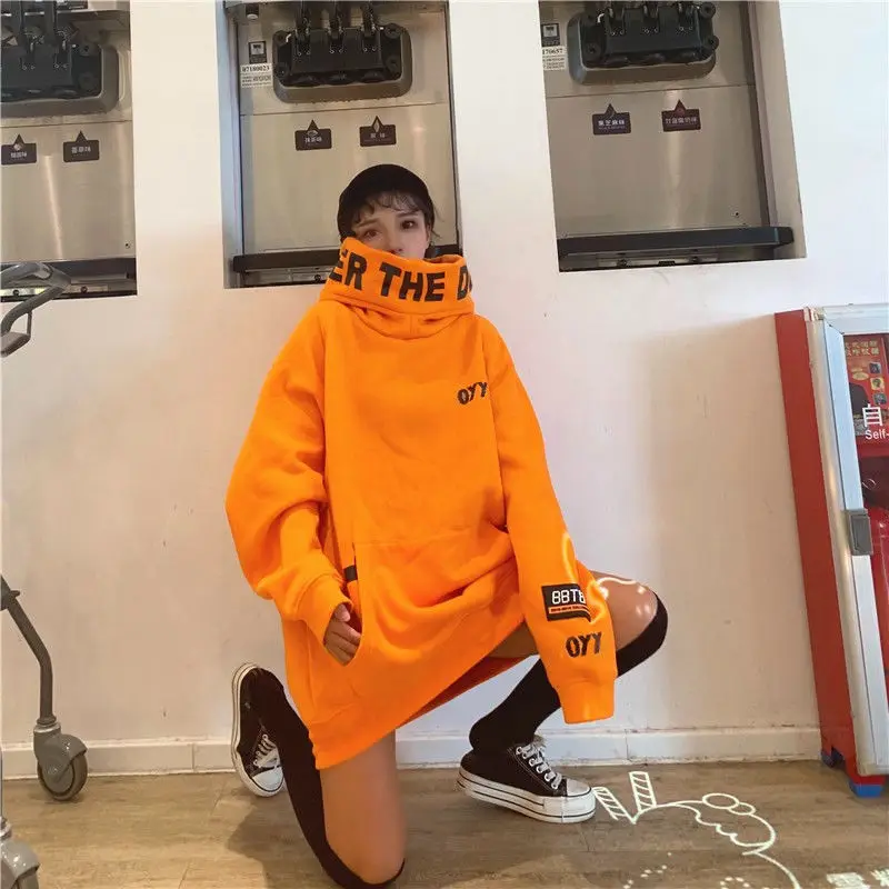 K Pop Clothes New Y2k Sweatshirt Hoodie High Collar Harajuku Punk Loose Orange Long Sleeve Hooded Sweatshirt Women Streetwear