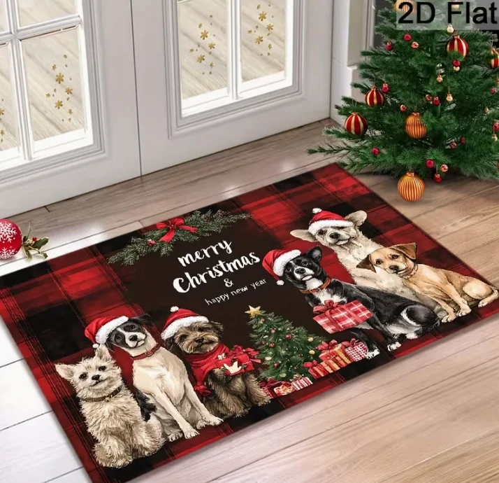 1pc Funny Christmas Welcome Doormat with Chihuahua, Pomeranian, Shih Tzu & Jack Russell Terrier Dogs in Santa Hats Carpet