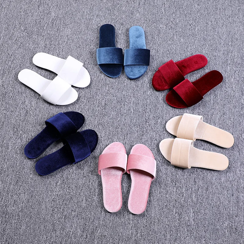 Autumn Winter Velvet Women Slippers Embroidery Bride Bridesmaid Wedding Flat Slippers Summer Shoes Sandal Zapatos De Mujer