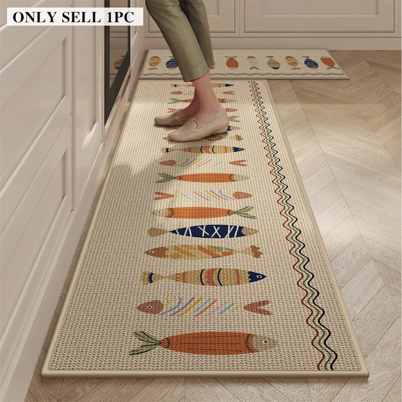 Kitchen Floor Mat Stain-resistant Wear-resistant Carpet Solid Color Linen Fish Pattern Rug Long Size Home Decor Rugs Alfombra
