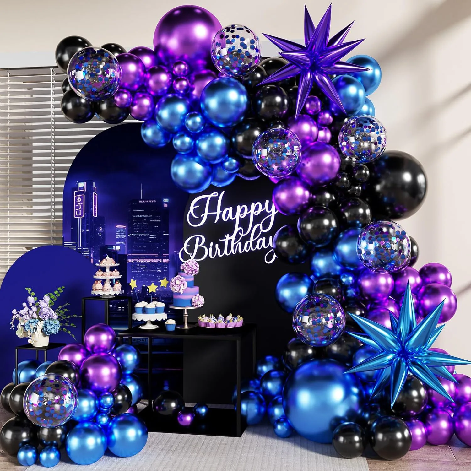 104Pcs Black Purple Blue Balloons Garland Arch Kit Metallic Blue Purple Balloons with Stars for Baby Shower Birthday Party Decor