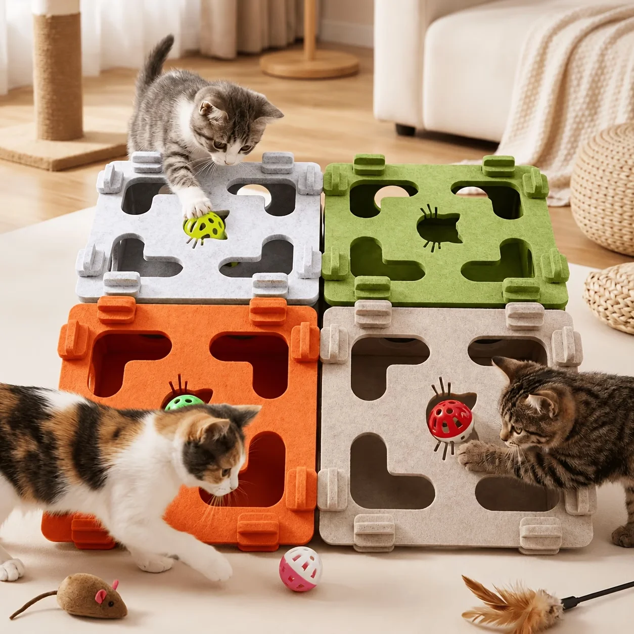 A cat toy for self-entertainment and boredom relief, a pet cat puzzle maze box, wear-resistant, with a bell.