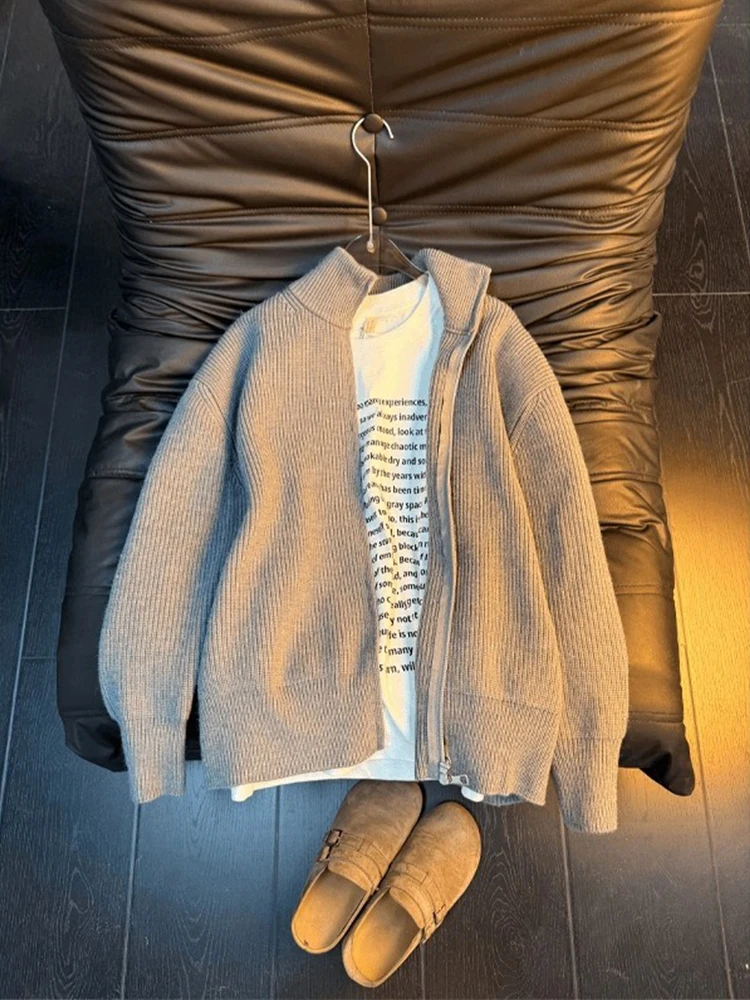 

American Sle Thiened Knitted Jaet Men's Autumn Winter Lazy Sle Double Zipper Stand Collar Sweater Cleanfit