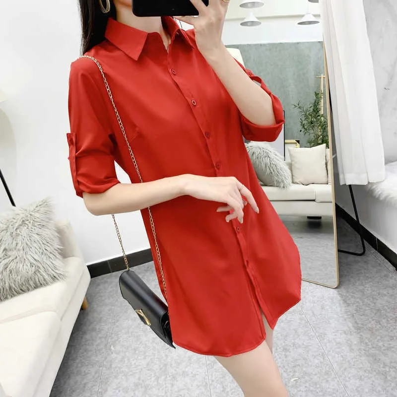 Spring Summer Women Shirt Oversize Elegant Blouses for Women Long Sleeve Red Shirt Mid-length Shir Coat Women Tunic NS5566