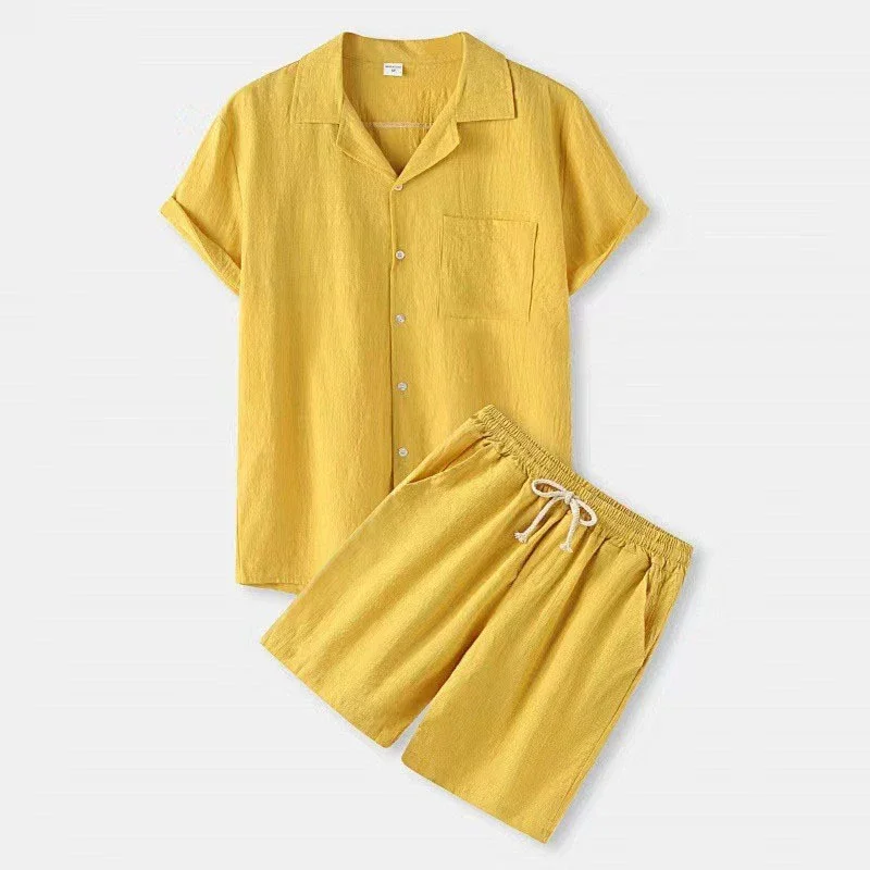 Men's Short Sleeve Summer Costume, Lapel Button Pocket Shirt + Elastic Cord Shorts, Sports Costume