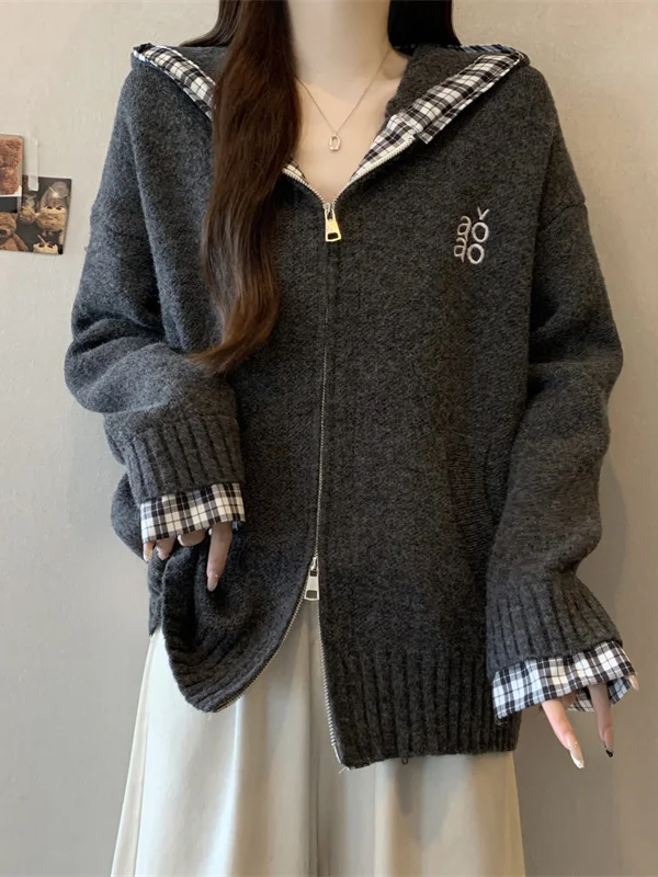 

plus Size Women's Plaid Patchwork Hoodie Knitwear Double Zipper Casual Style Loose Fit Autumn Winter Outerwear Coat