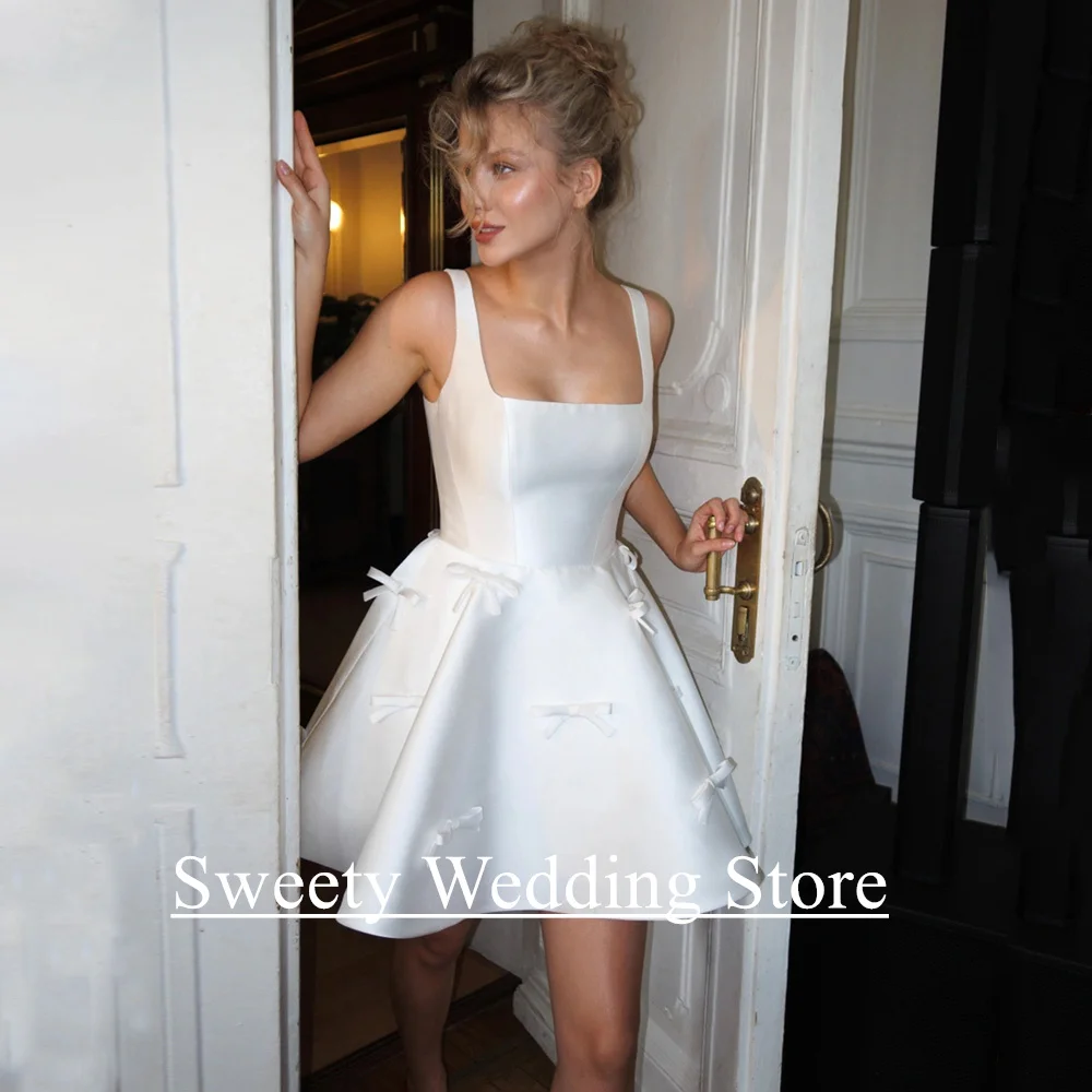 

Civil Wedding Dress Mini Bridal Gown Customized Sexy Square Neck Sleeveless Bowknot A Line Little White Dresses Robe De Mariee