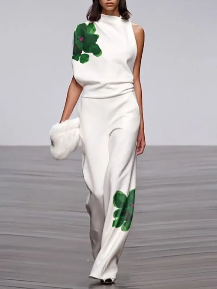 

UOOZEE 2025 New Summer Women's 2 Piece Sets Fashion Floral Printed High Neck One-shoulder Tops & High Waisted Straight Leg Pants