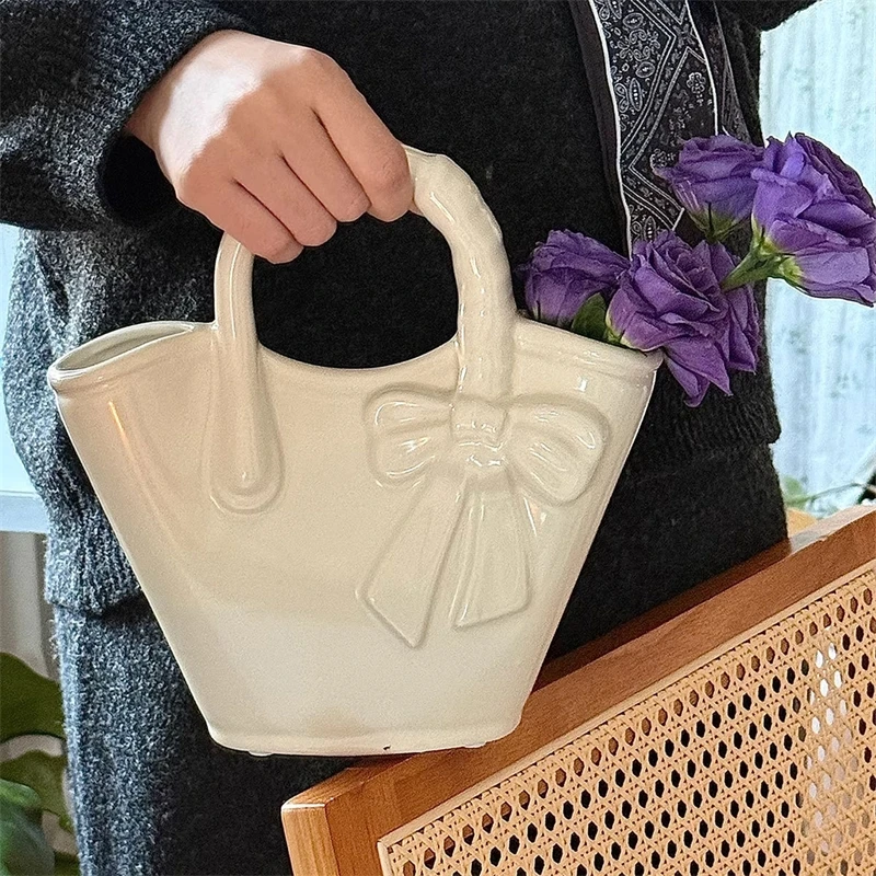 Bow Embossed Ceramic Handbag Vase Elegant Sculpted Flower Basket Centerpiece For Home Table Decor Chic For Her Birthday Gift