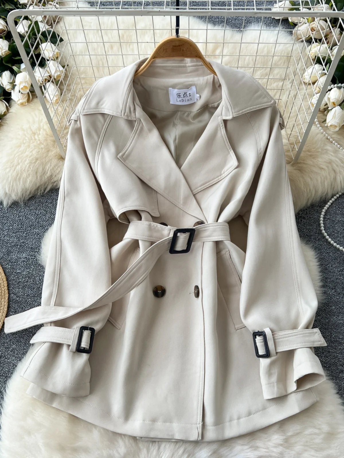 

Retro British Fashionable Coat Women's Spring Design Sense Waist-Cinching Collar Stand Long Sleeve Miniature Coat