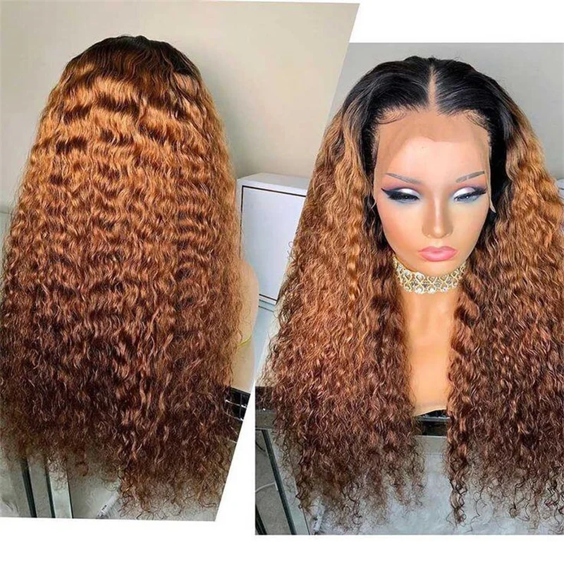 Longo 180 densidade kinky encaracolado macio 26 Polegada ombre marrom peruca dianteira do laço profundo para mulheres babyhair sem cola pré-arrancado diariamente