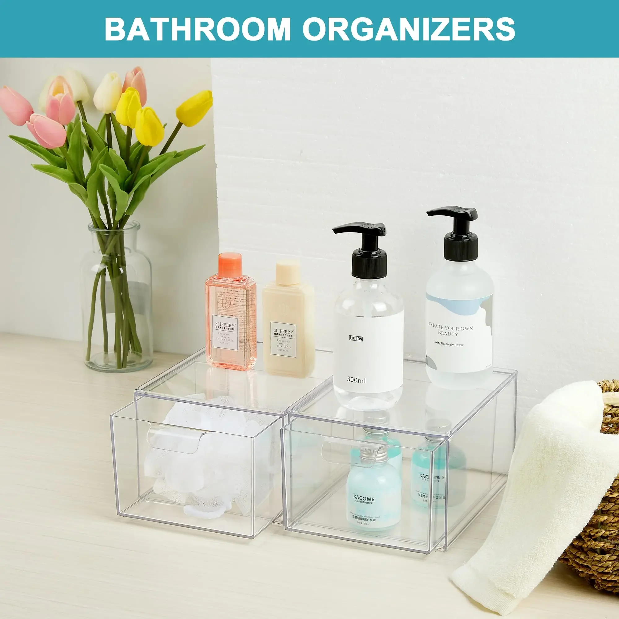 2 Piece Set Clear Organizer, Stackable Storage Box with Drawers for Organizing Cabinets, Desks, Shelves, Cupboards or Dressers