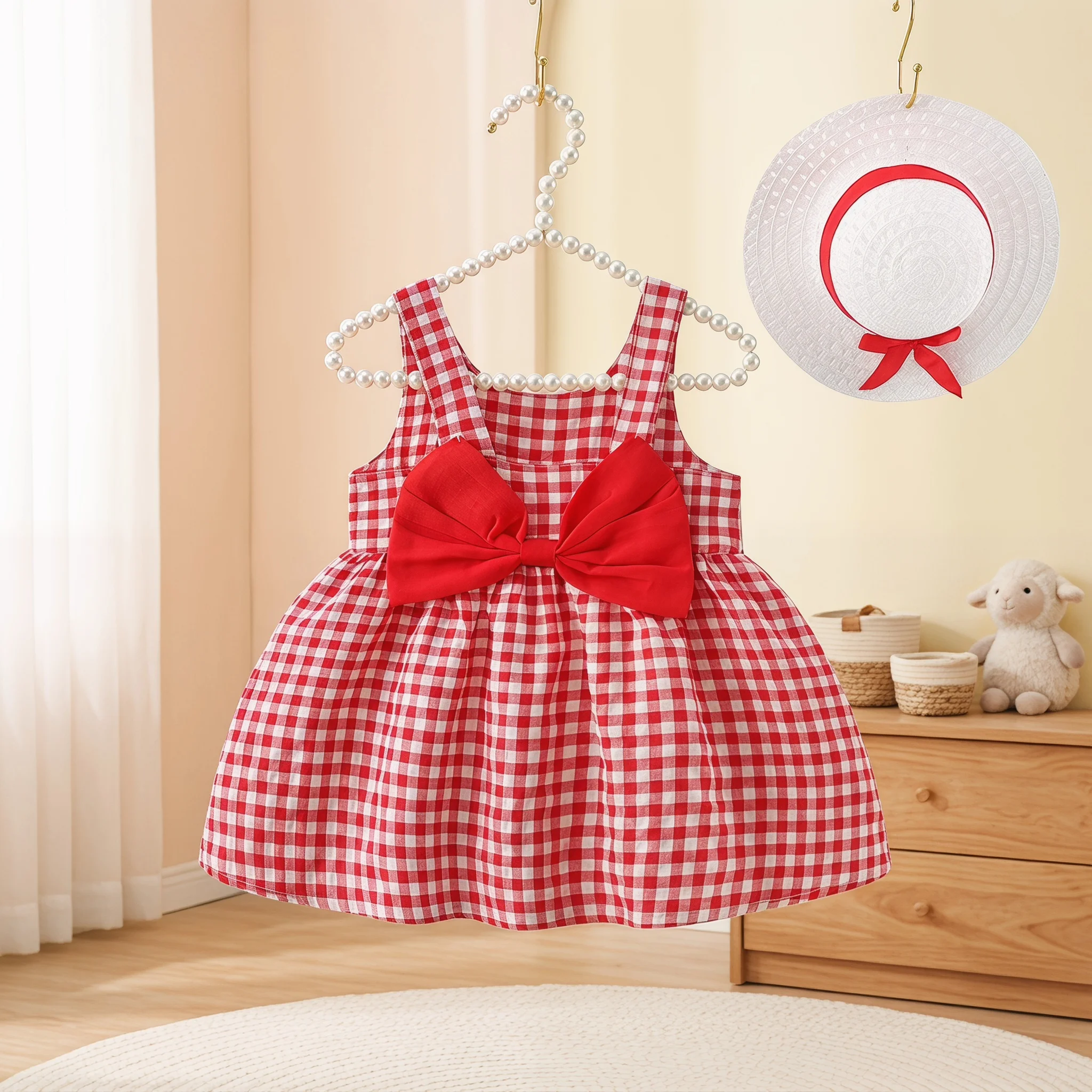 2Pcs/Set Baby Girl Plaid Sweet Bow Summer Birthday Party Dress Toddler Kids Outfits 0 To 3 Years Children Clothes Suit + Hat