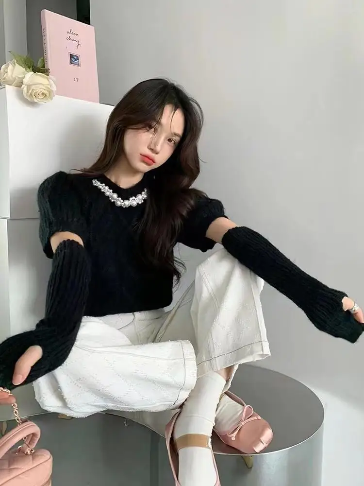 

Sve Covers Women's Knitted Sweater Spring Loose Hepburn Sle Bubble Sve Twist Head Knit Top