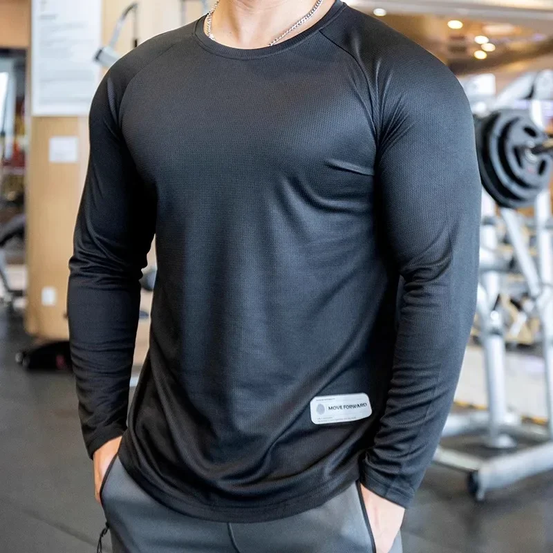 Spring Autumn New Quick Dry Sports Long-sleeved Men Hem Curved Slit T-shirt Gym Fitness Wear Running Training Round Neck Top