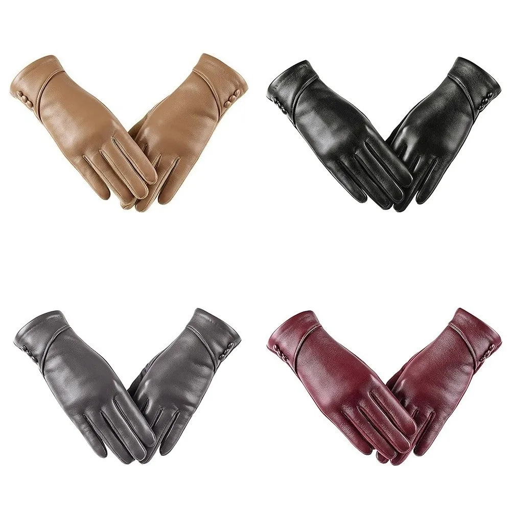 Simple Solid Color Full Finger Mittens Button PU Women Leather Gloves Windproof Keep Warm Touch Screen Gloves Girl