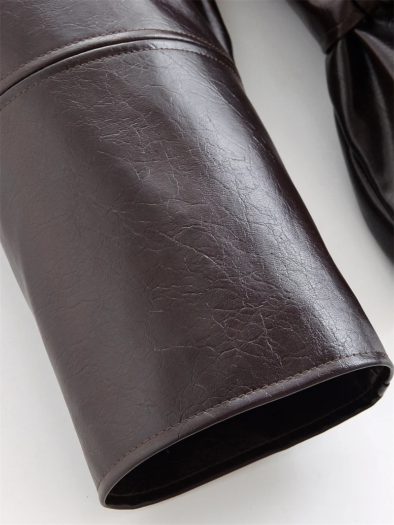 Manteau femme 2025 automne nouveau Style marron foncé Faux cuir brillant à lacets décoré Trench manteau moto Style personnalité Fas