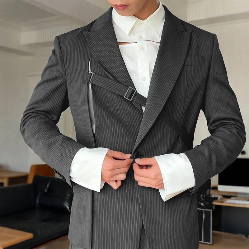 INCERUN الرجال غير النظامية السترة مخطط التلبيب كم طويل رداء غير رسمية الرجال الشارع الشهير الجوف خارج 2025 موضة الذكور رقيقة معاطف السترة #1