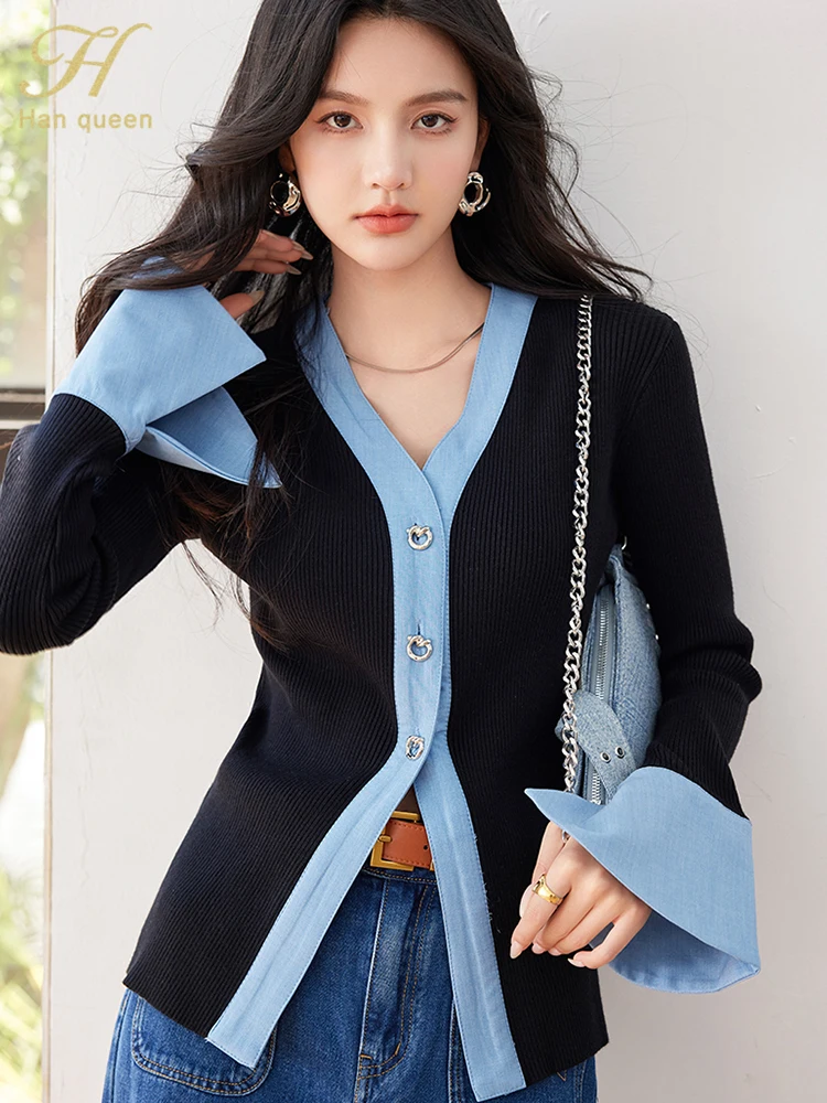 H Han Queen Female Clothing Colorblocking Knitwear Simple Long Sleeve Women\'s Sweater Tops Korean Chic Casual Cardigan Sweaters