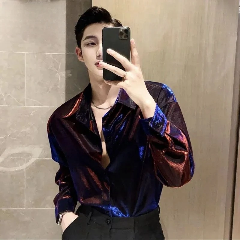 

Мужские повседневные рубашки в Корейском стиле Y2k с длинными рукавами, осенняя свободная уличная одежда с металлическими пуговицами и отложным воротником, универсальные ночные клубы