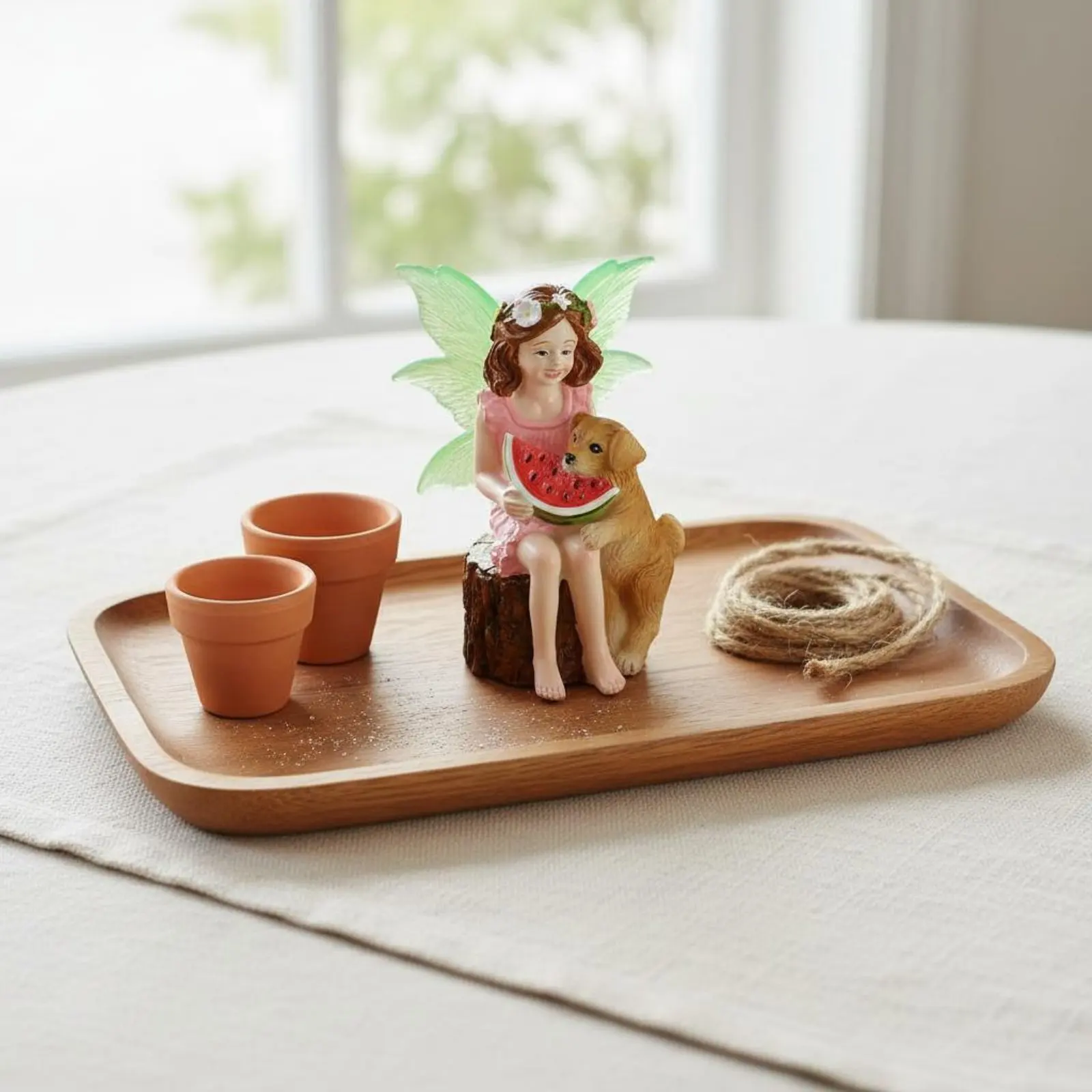 

Fairy Eating Watermelon Decoration Playful Design Fairy Girl with Dog Statue Waterproof for Lawn