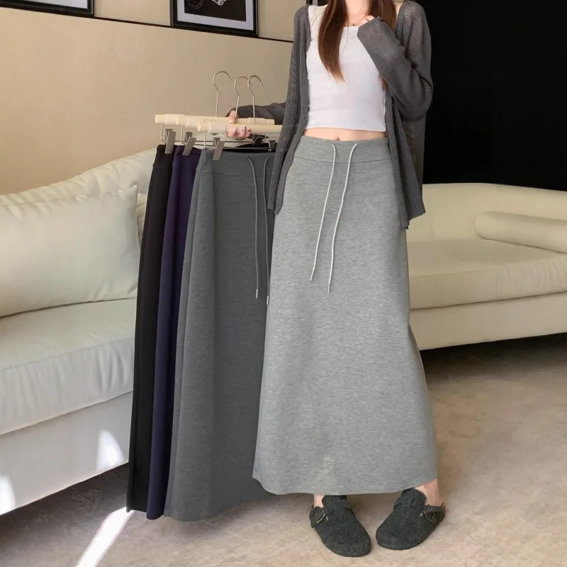 

Женская юбка в корейском стиле с высокой талией, на шнуровке, с разрезом, А-силуэт, длинная, облегающая бедра, весенне-осенняя, универсальная, струящаяся юбка