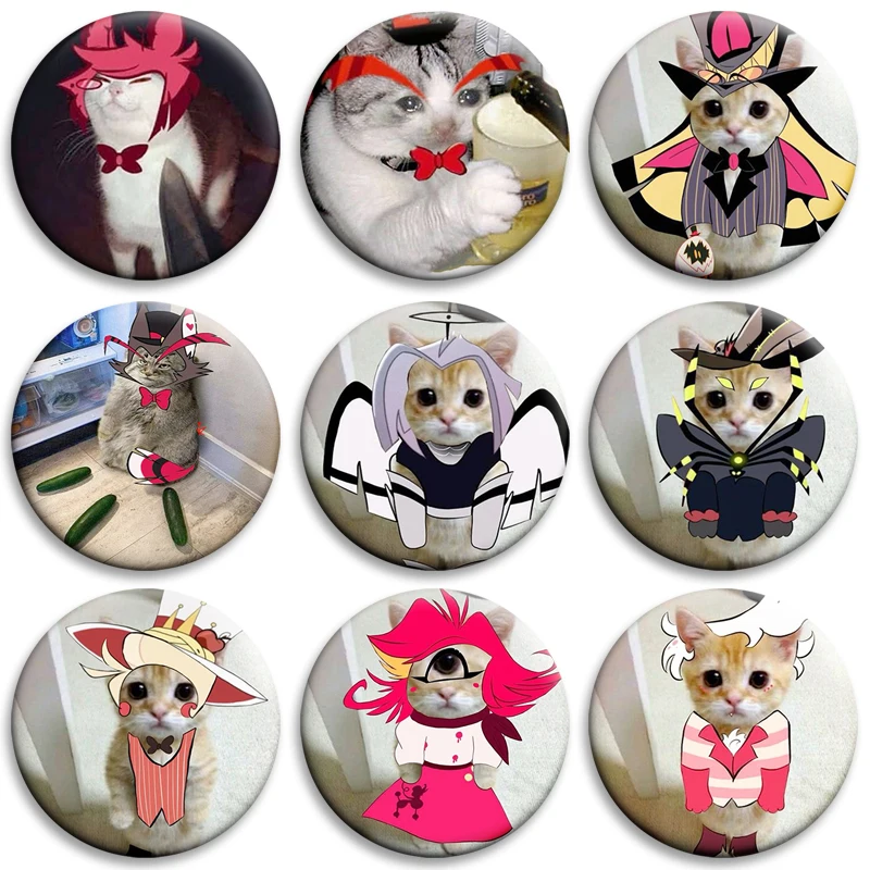 Cursed Cat Button Pin Alastor Angel Husk Lucifer Adam Cats Meme Creative Funny Badge Round Brooches Backpack Accessories Gifts