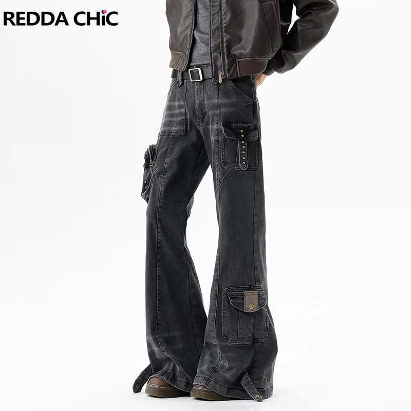 REDDACHiC Women's Low Rise Flared Jeans Punk Rivet Loose Whiskers Do Old Pockets Black Bootcut Pants Vintage Grunge Streetwear