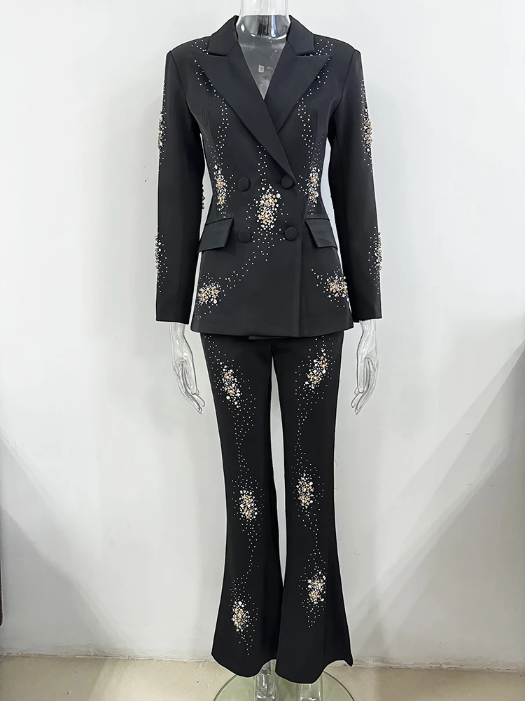 HIGH STREET Newest Fashion Elegant 2024 Designer Runway Suit Set Women's Crystal Diamonds Beaded Blazer Flare Pants Set 2 Pieces