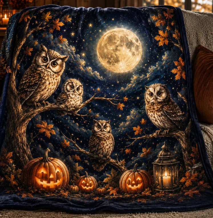 Halloween Owl Blanket, Pumpkin Moon Minky or Sherpa Throw, Spooky Fall Decor, Owl Lover Gift Blanket