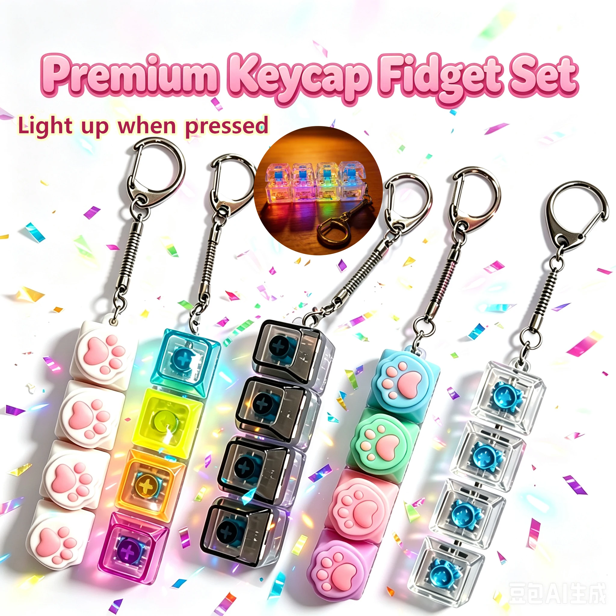 Hot Selling 5Pcs Multi-Style Light Up Keycap Keychain, Stress Relief Click Fidget Toy, Portable Desk Accessory for All People