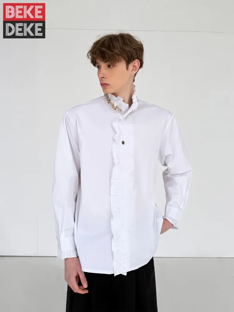 Mens Patchwork Stand Collar Diamond Studded Sequins Shirts Loose Short Sleeve Single Breasted Business Casual Tops Daily Shirt