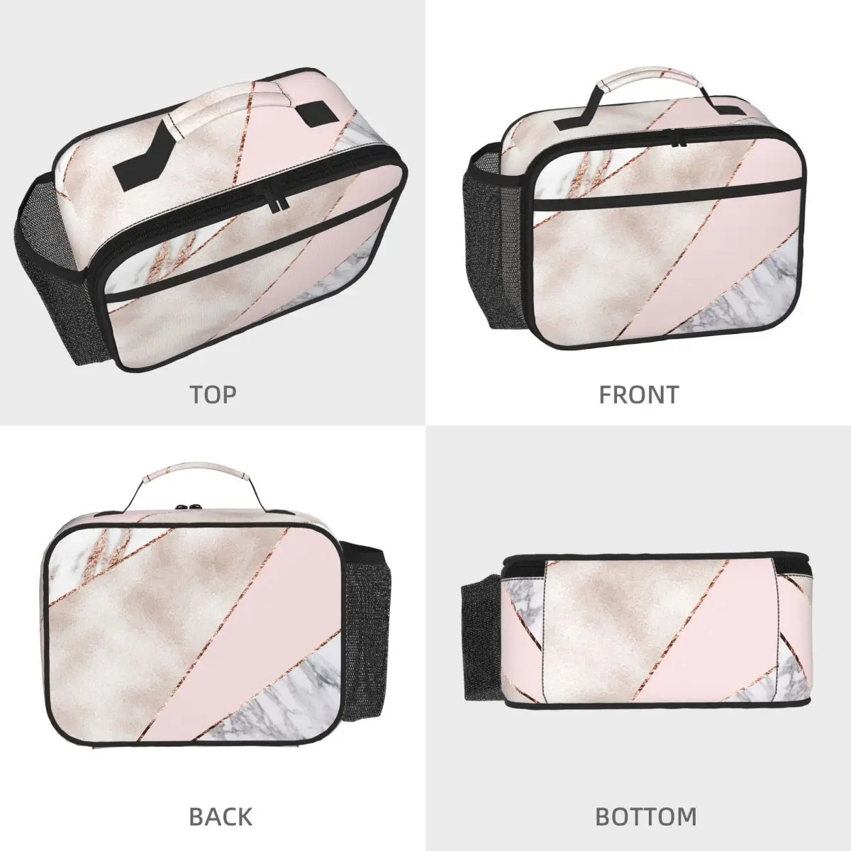 Spliced Mixed Rose Gold Marbl Insulated Lunch Bag for Women Kids Leakproof Food Boxes Thermal Lunch Box Tote