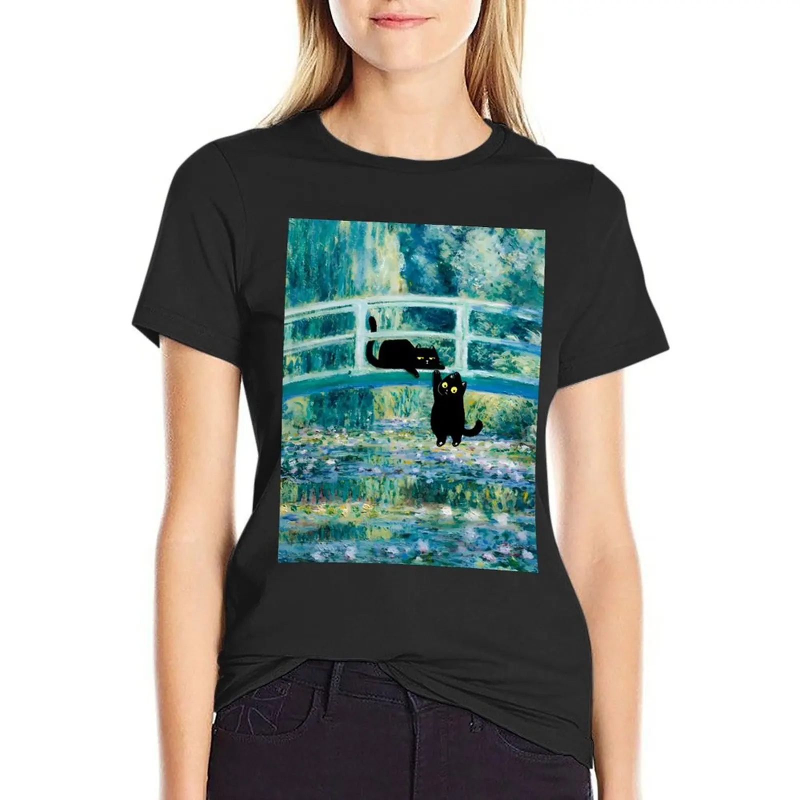 

Bridge over a Pond of Waterlilies Cat T-Shirt vintage vintage clothes tops Women clothes