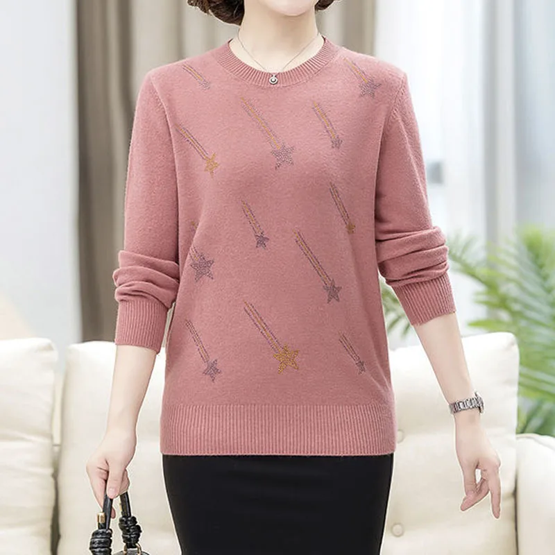 Autumn Winter Fashion Loose Round Neck Diamonds Sweaters For Female Solid Casual Long Sleeve Knitted Tops Women\'s Clothing