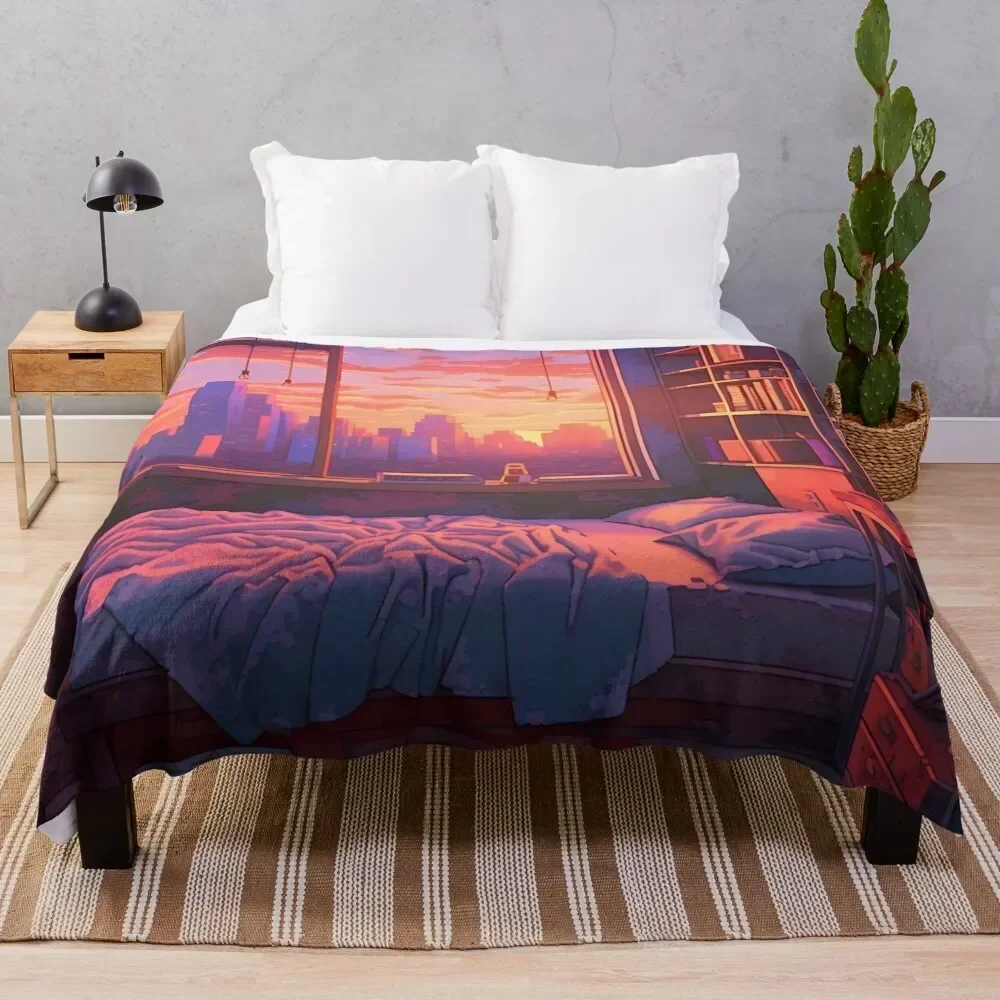 

Lofi Aesthetic - A messy bedroom at sunset Throw Blanket Warm Throw Blanket Gift for Anniversary