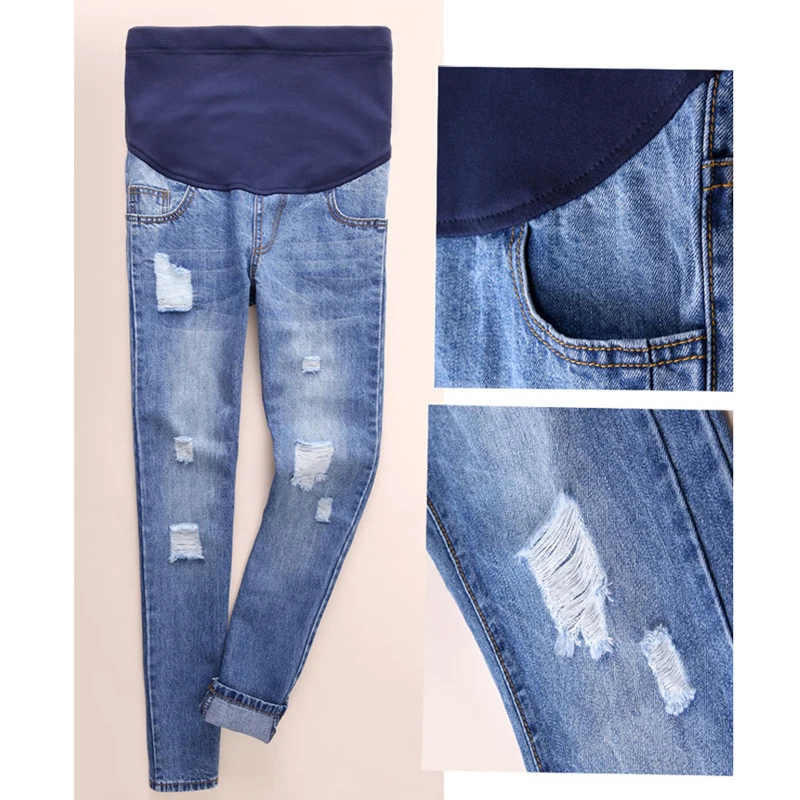 Cotton Jeans Maternity Denim Pants For Pregnant Women Clothes Boyfriend Hole Trousers Pregnancy High Waist Pants Plus Size New