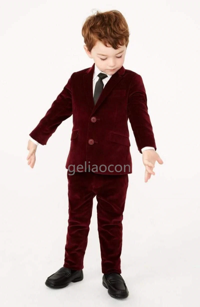 Boys Suit Wedding Burgundy Velvet Jacket Pants 2pcs Party Dress Fashion Casual Child Notch Blazer for Kids Custom Complete Set