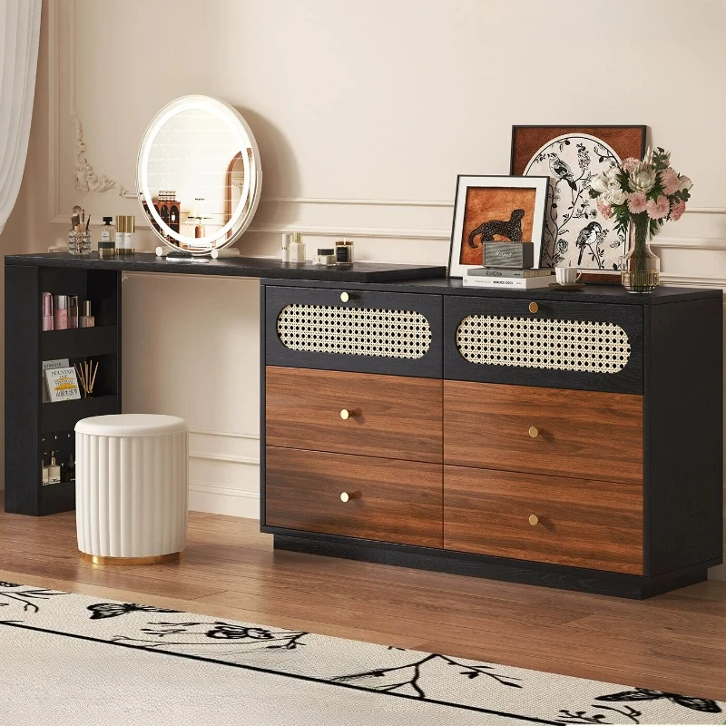 Modern Vintage Dressing Tables Rattan Stool Black Space Saving Makeup Table Wooden Mirror Tocador Maquillaje Furniture Home