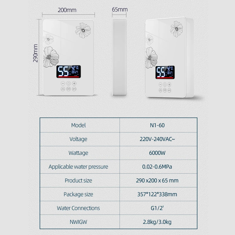 220 โวลต์ 6000w การออกแบบใหม่ความต้องการสูงผลิตภัณฑ์ประสิทธิภาพสูงน้ําร้อนไฟฟ้าเครื่องทําน้ําอุ่น Tankless ทันที App