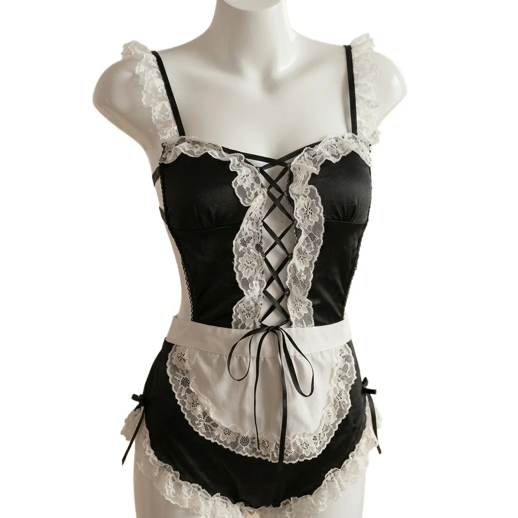 Women's French Maid Costume Lingerie Set Lace-up Front Backless Bodysuit with Ruffle Trim and Apron for Themed Parties